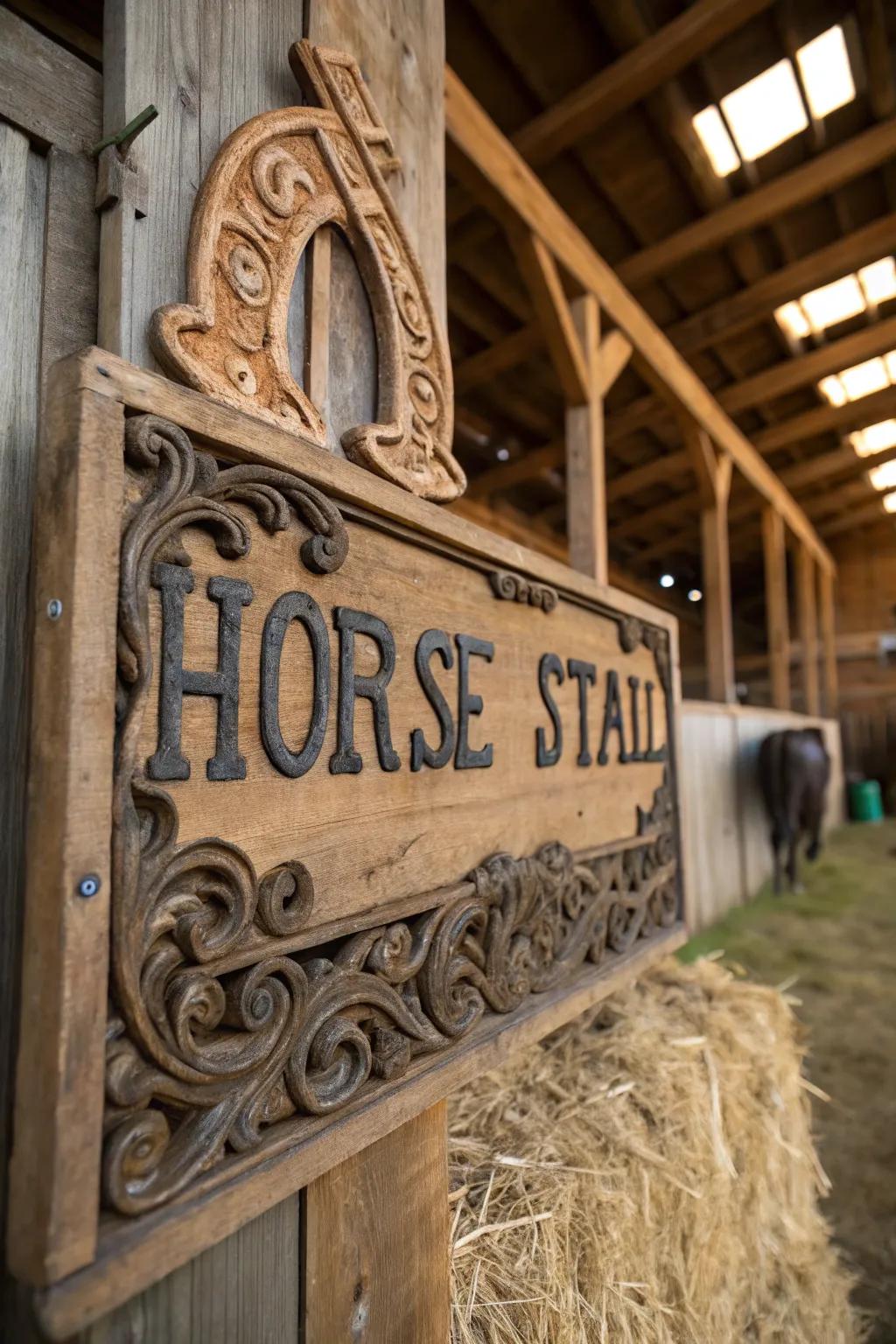 Intricate etched timber particulars adorning a stall marker.