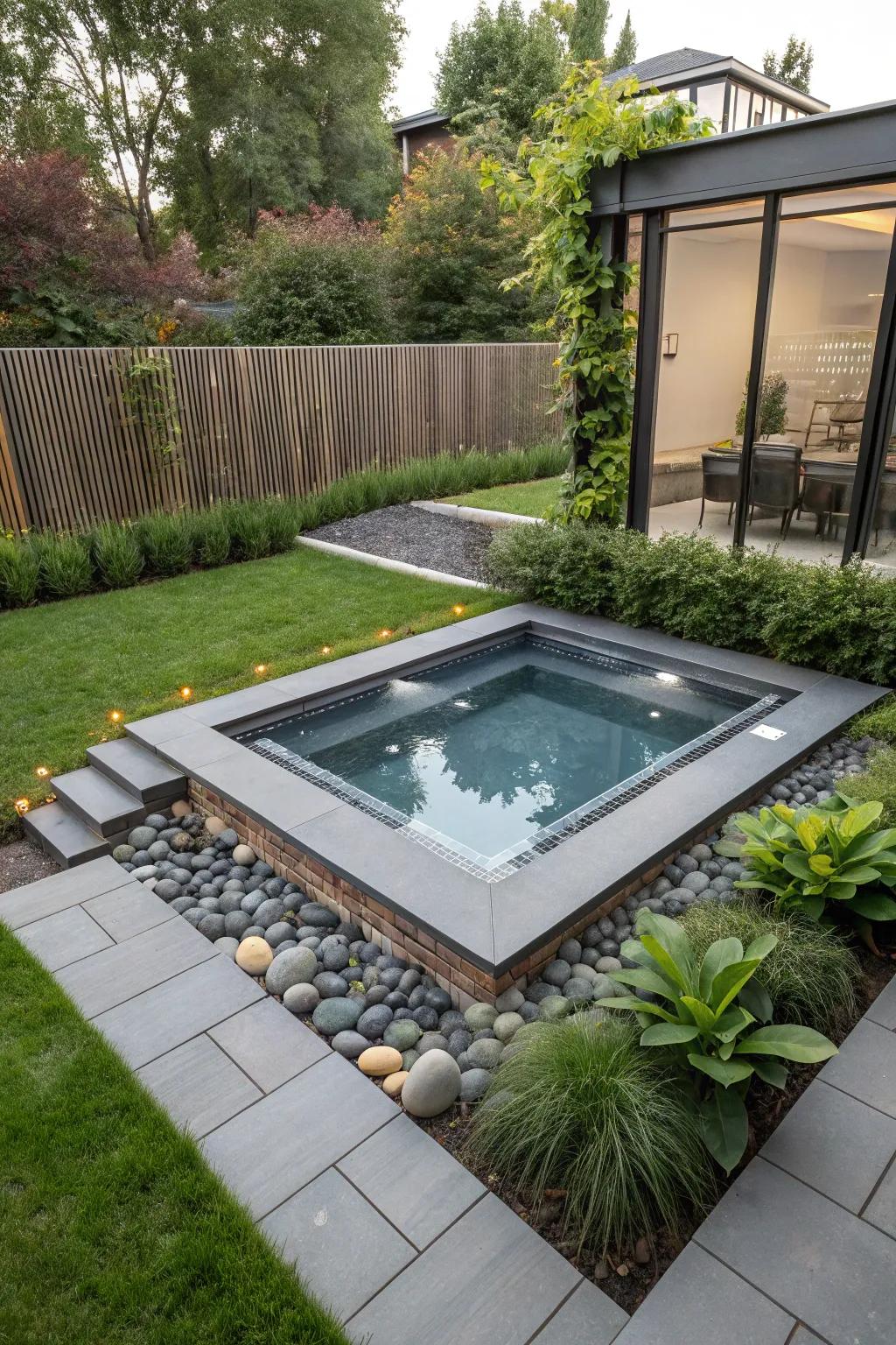A sunken design proffers a streamlined, modern <strong><em>hot tub</em></strong> aesthetic.” loading=”lazy” class=”pimg”>
	</picture><figcaption>A sunken design proffers a streamlined, modern <strong><em>hot tub</em></strong> aesthetic.</figcaption></figure>
<p>Reflect on a sunken <strong><em>hot tub</em></strong> for a streamlined and contemporary visual. It’s a breathtaking means to seamlessly incorporate the tub into your outdoor environment.</p>
<h3>Consider these options:</h3>
<ul class=