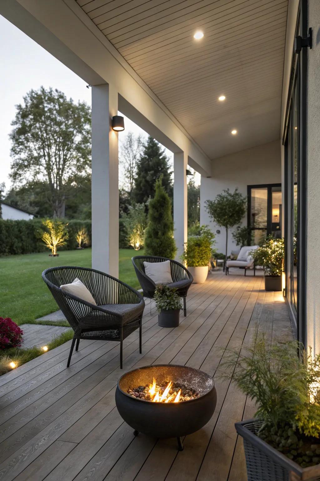 A cozy fire pit entices warmth and socializing on this porch.