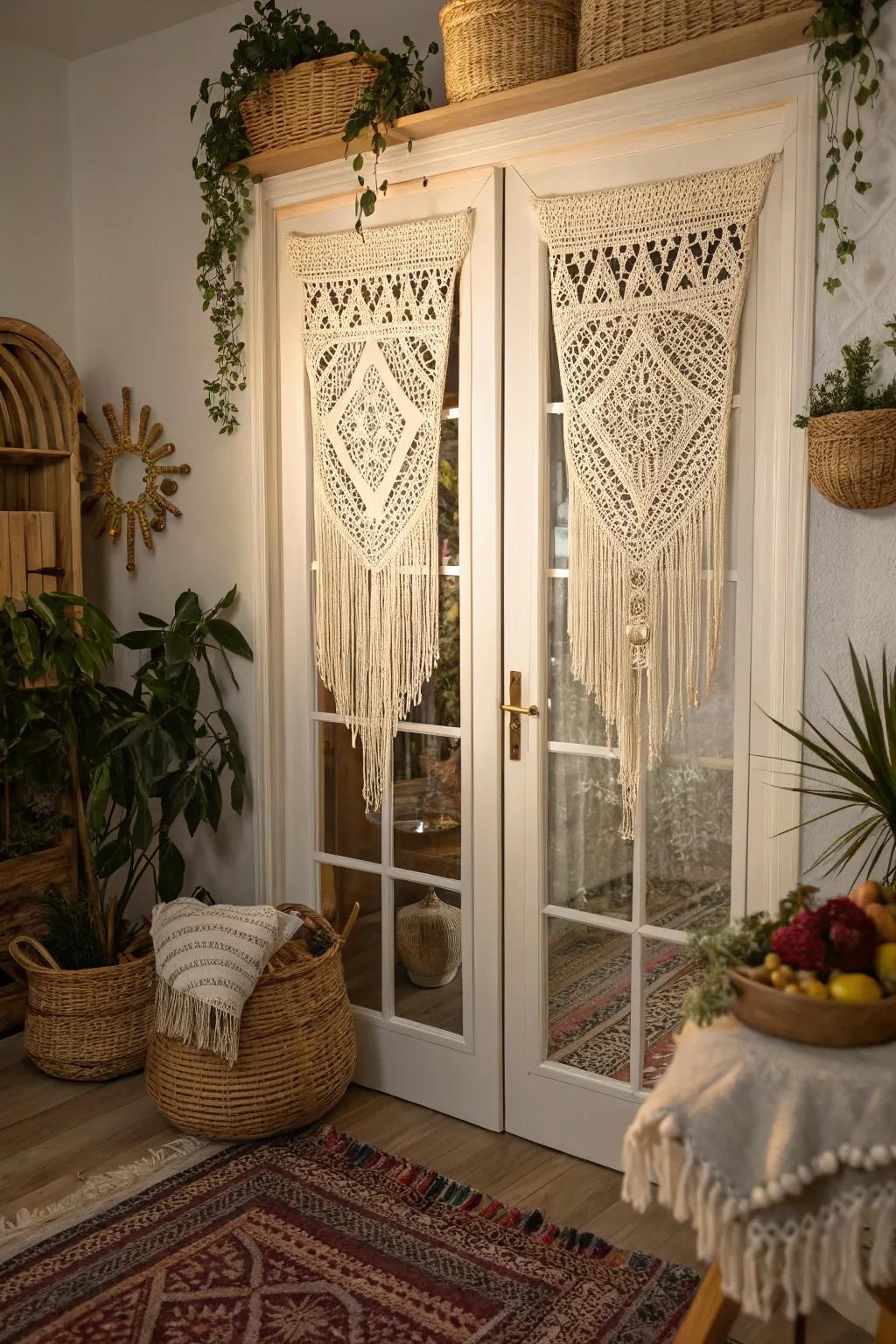 Macramé panels present a boho element and light filtering for French doors.