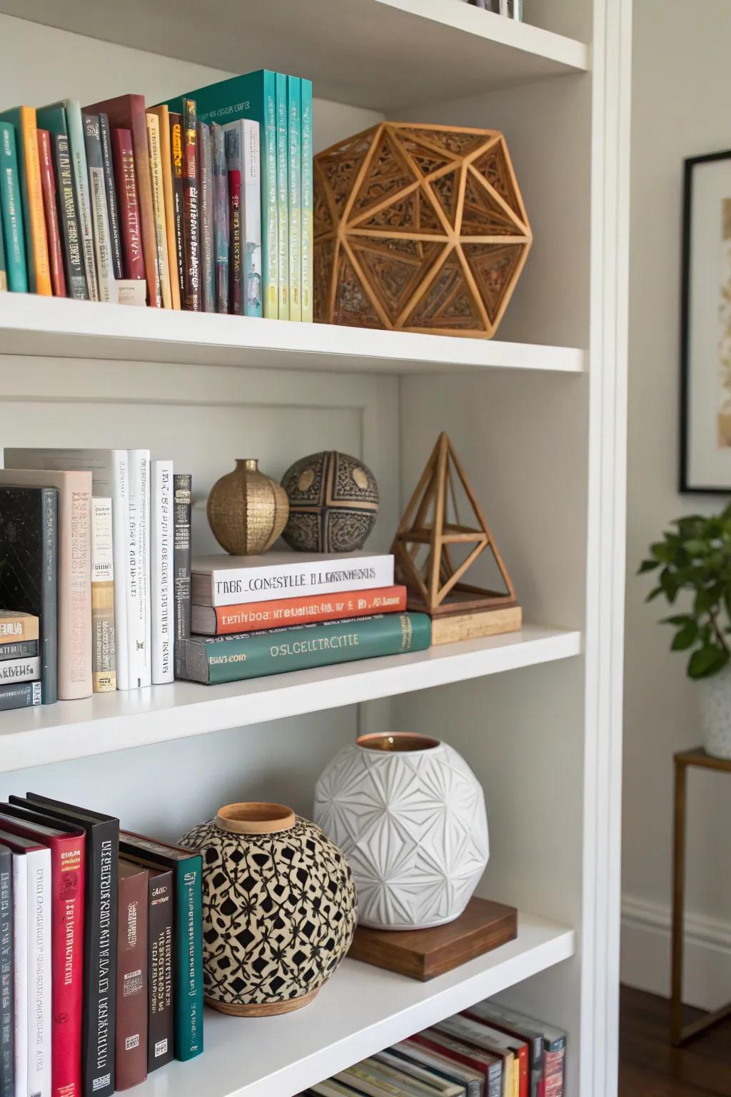 Bookshelf with vibrant geometrical forms.