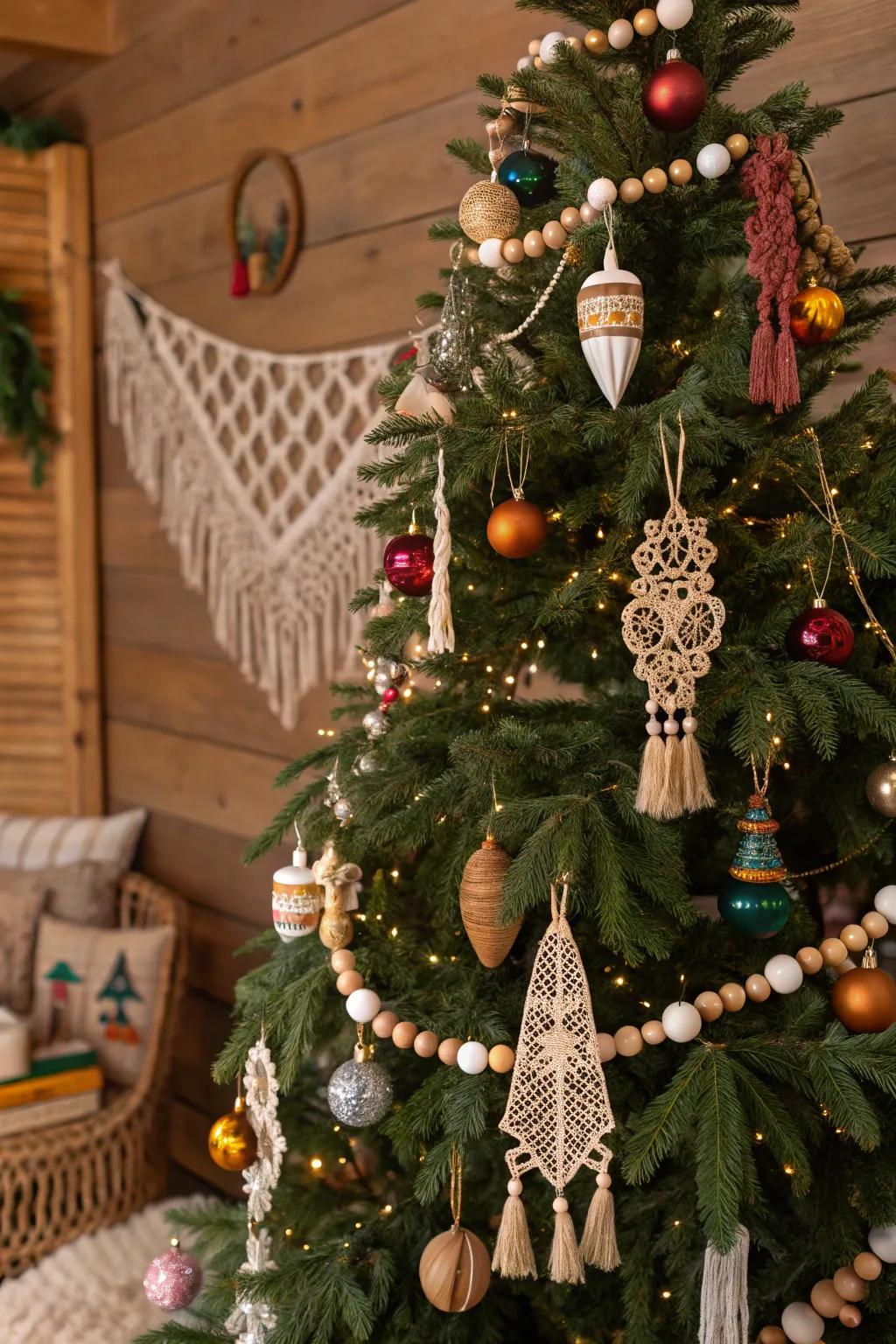 A bohemian holiday tree showcasing eclectic embellishments and knotted accents.