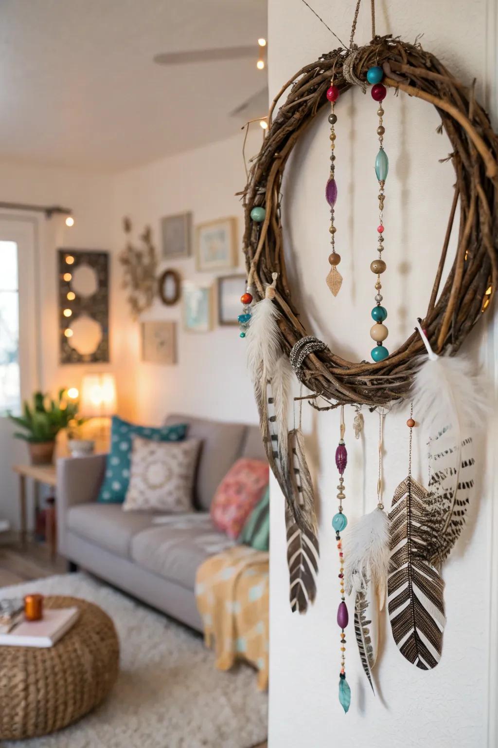 A bohemian wreath exuding a free-spirited style.
