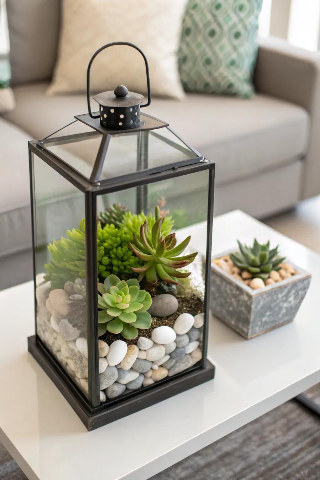 Contemporary lantern featuring an assortment of succulents and stones.