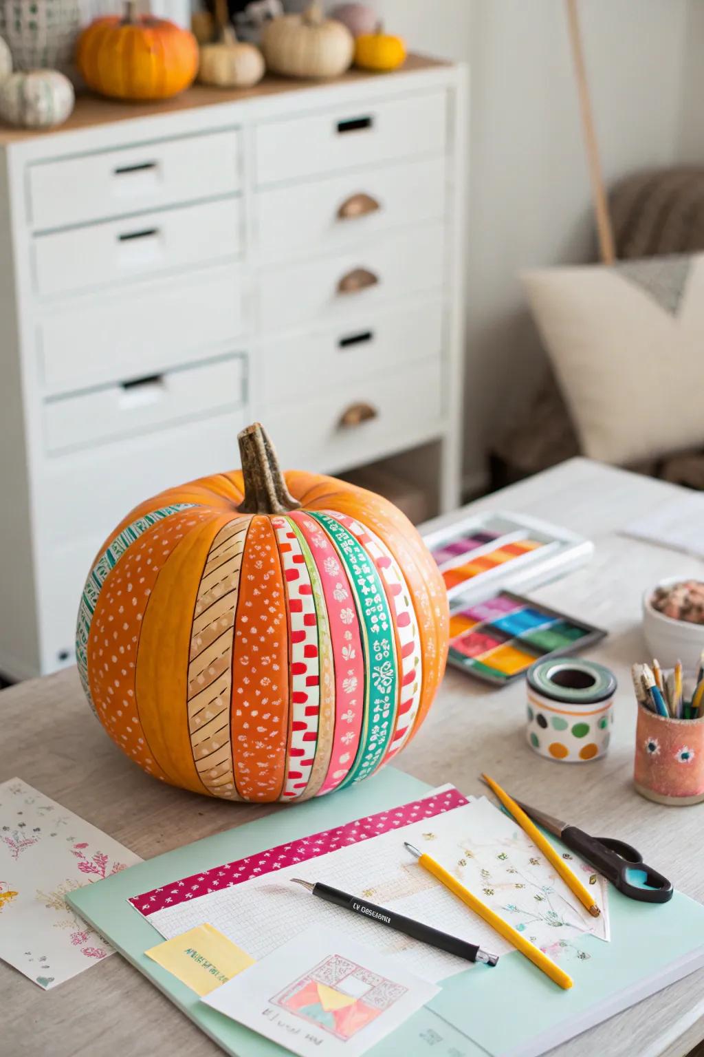 A pumpkin adorned with washi tape, bursting with both color and creativity.