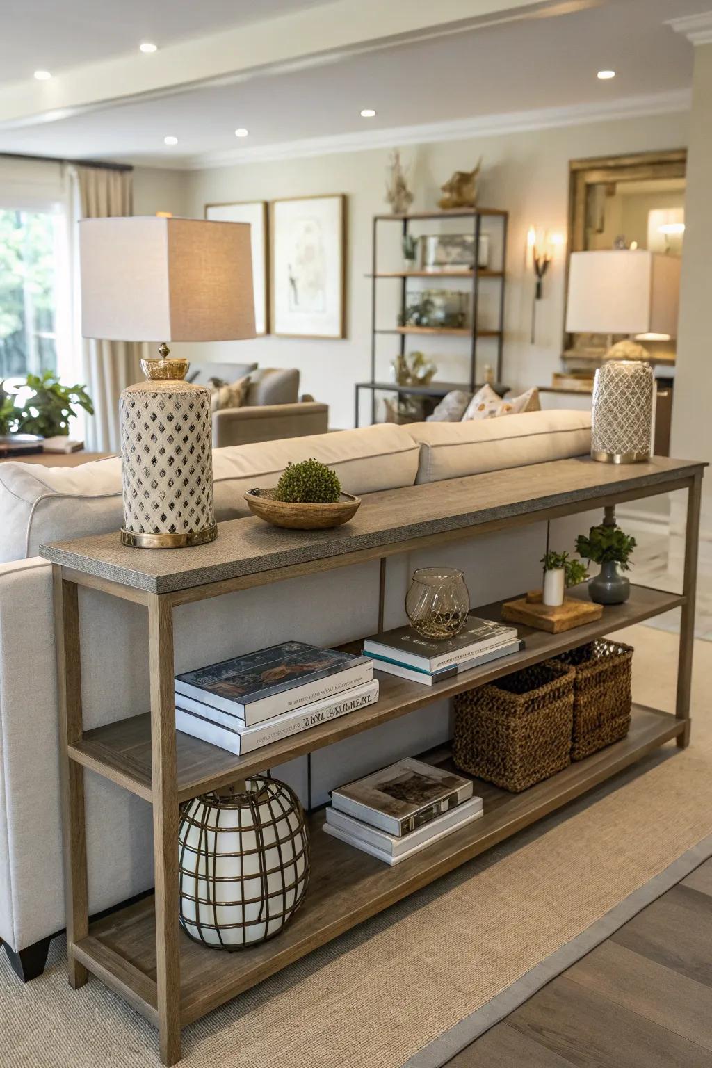 Floating shelves broaden display opportunities.