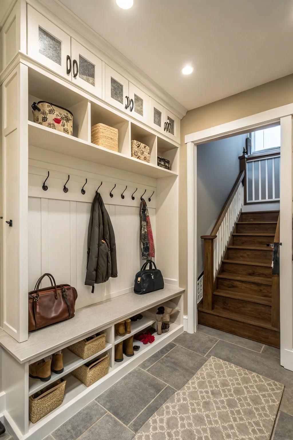 Wall space is maximized with pegs and racks.