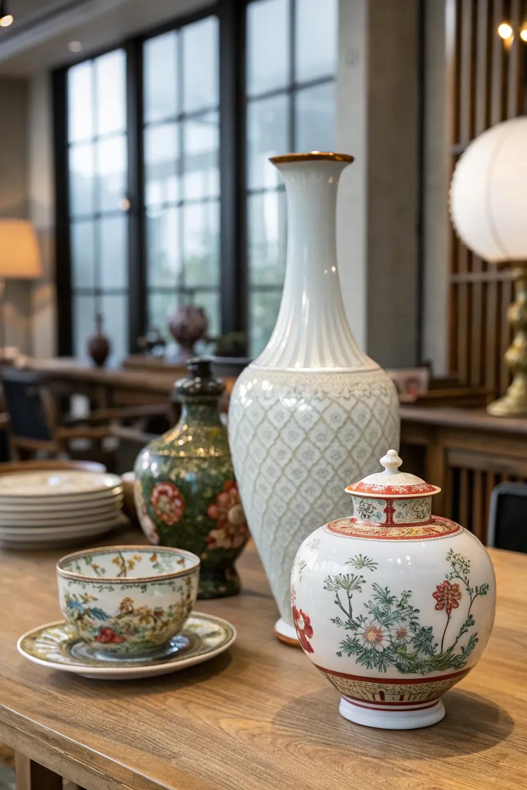 A playful mix of classic and contemporary china pieces creating a distinctive display.
