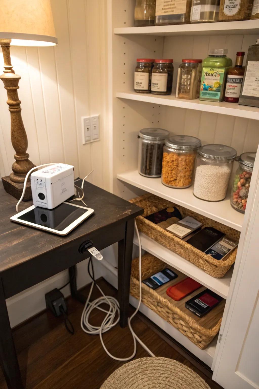 A small nook in the pantry serves as a family charging station.