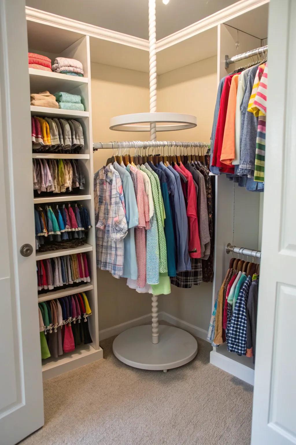 A spinning rack maximizes space in a small closet.