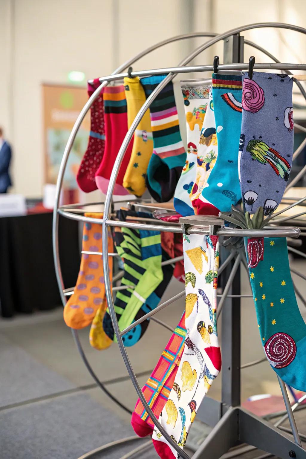A revolving rack beautifully displays your sock assortment.