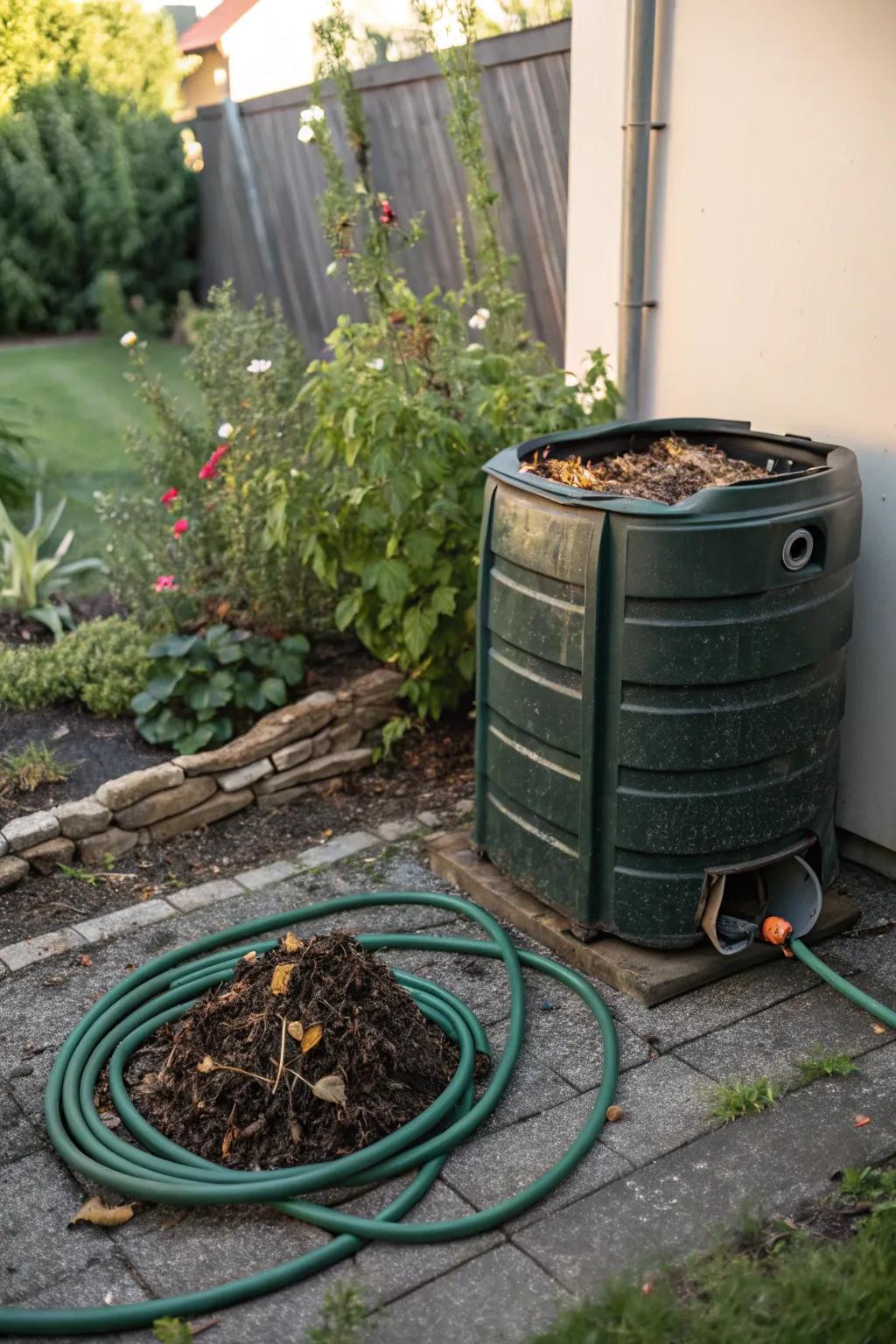 A compost bin that has been purposefully placed close to a garden hose for easy watering.