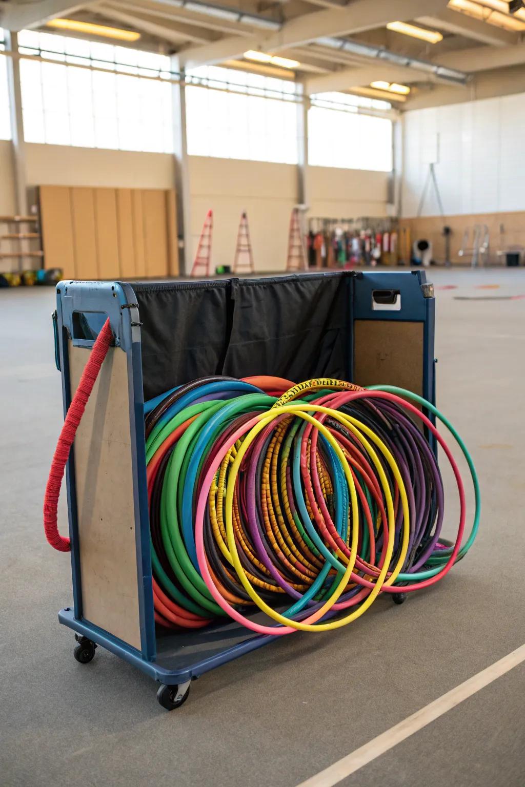 A mobile storage cart packed with playful rings, delivering adaptability and practicality.