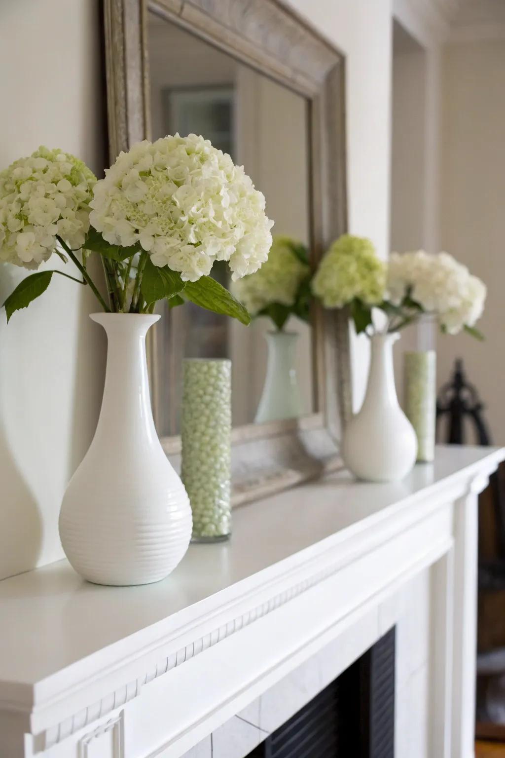 A simple mantel with cloudburst blooms in balance.