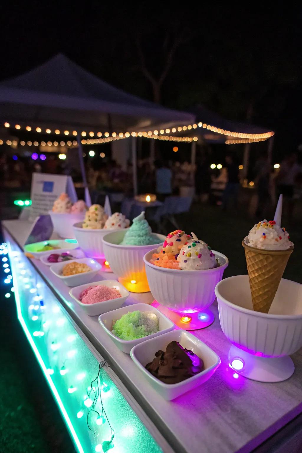 A nighttime luminescence ice cream table that transforms the evening into a luminous event.