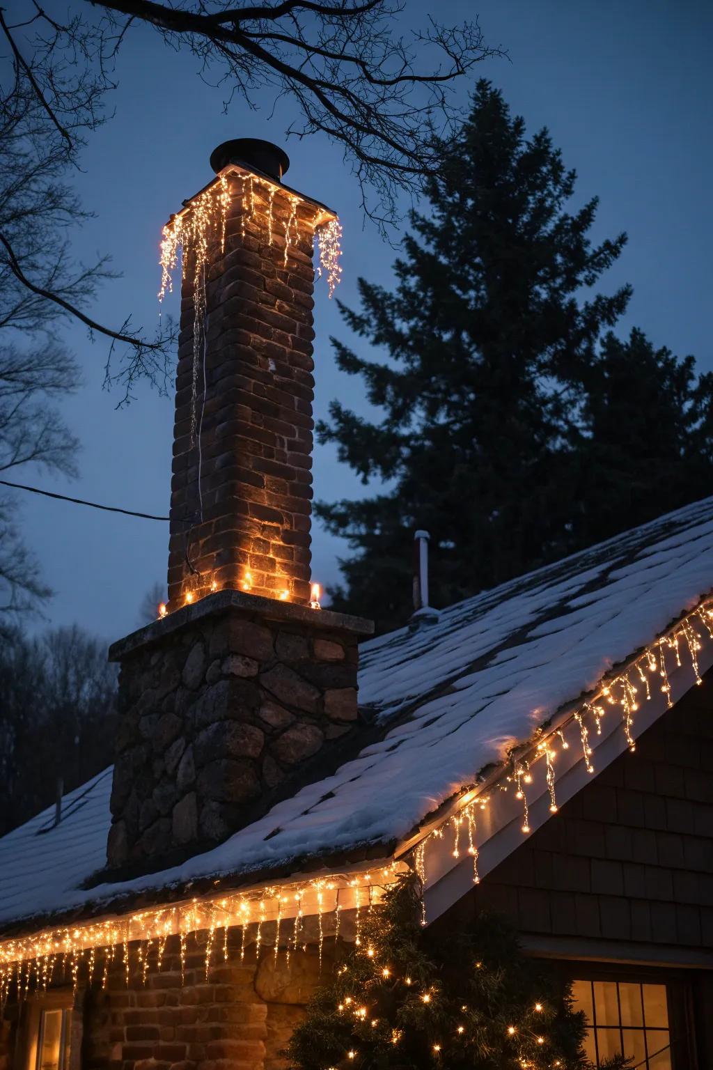 A chimney accentuated with dazzle lights, bestowing allure upon the residence.