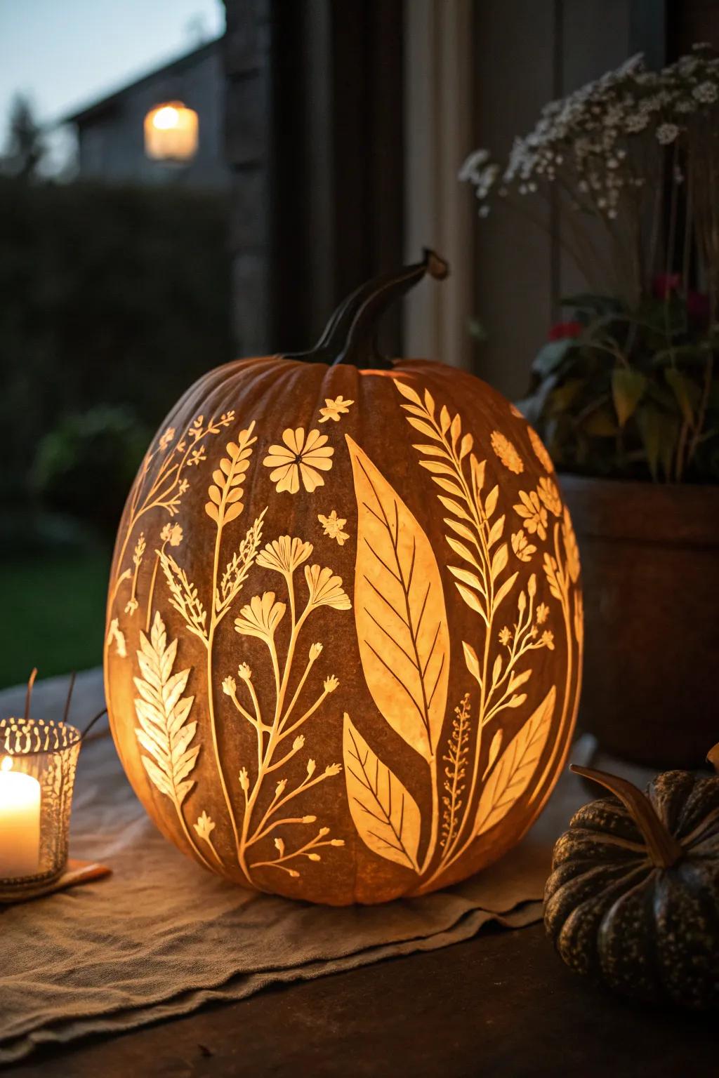 A pumpkin with botanical etchings presenting a delicate and nature-stimulated design.