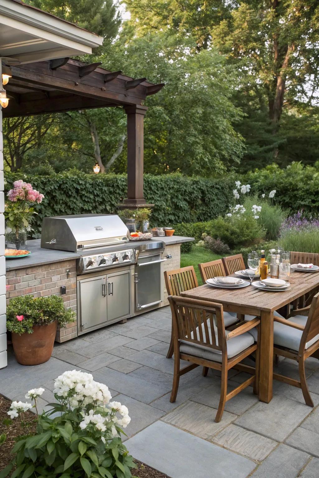An external kitchenette makes dining al fresco a joy.