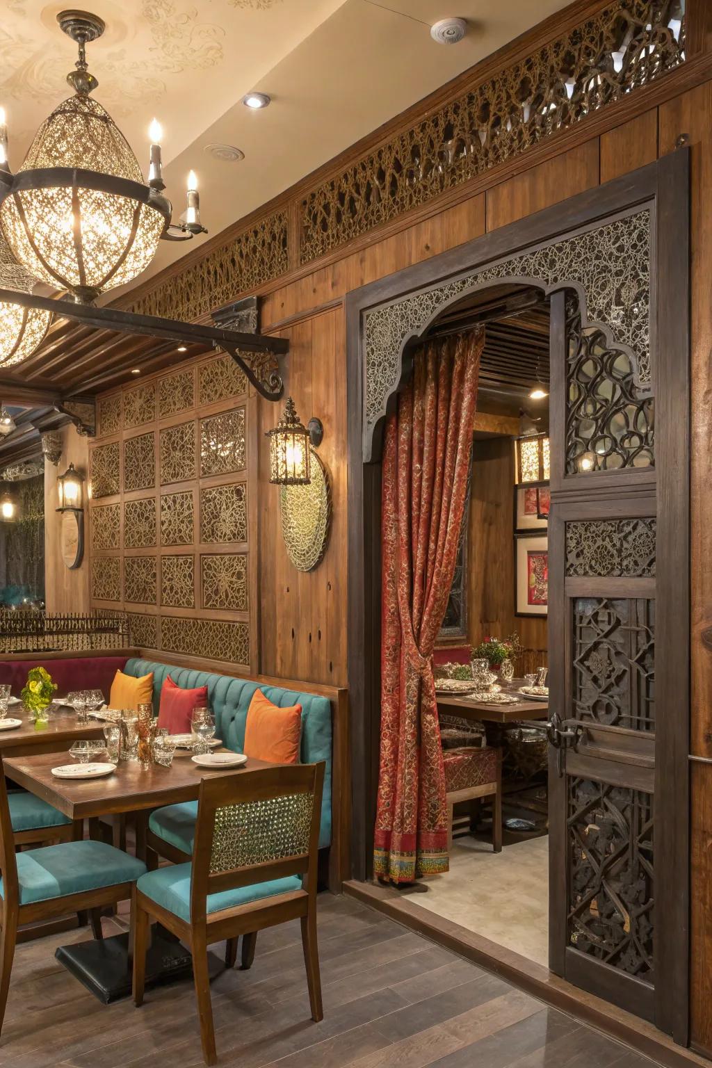 A fusion of wood, metal, and fabric textures in an Indian restaurant.