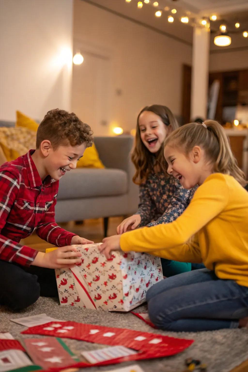 Children relishing the suspense of a musical gift exchange game.