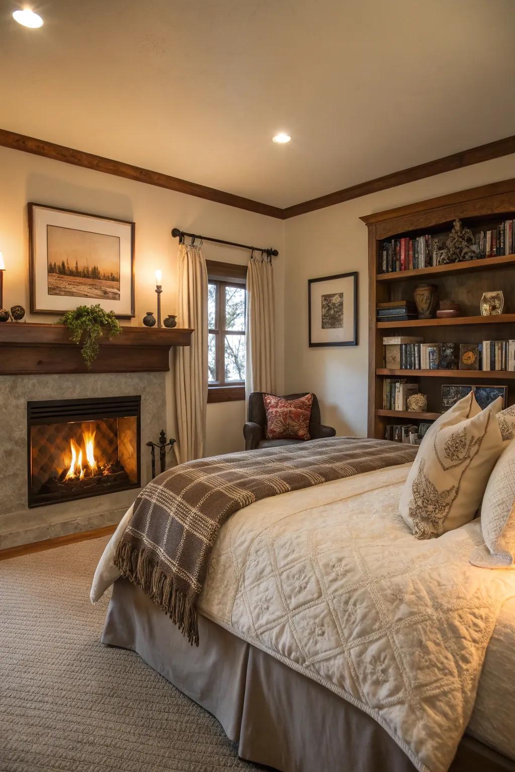 A bedroom featuring a cozy hearth, crafting a warm and inviting atmosphere.