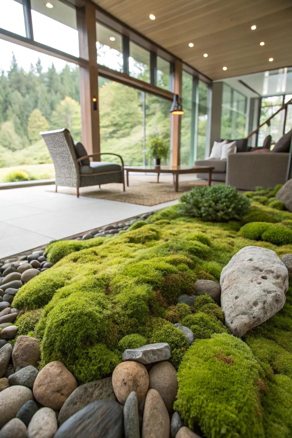 A mossy rock garden furnishes a tender, lush visage to your embellishments.