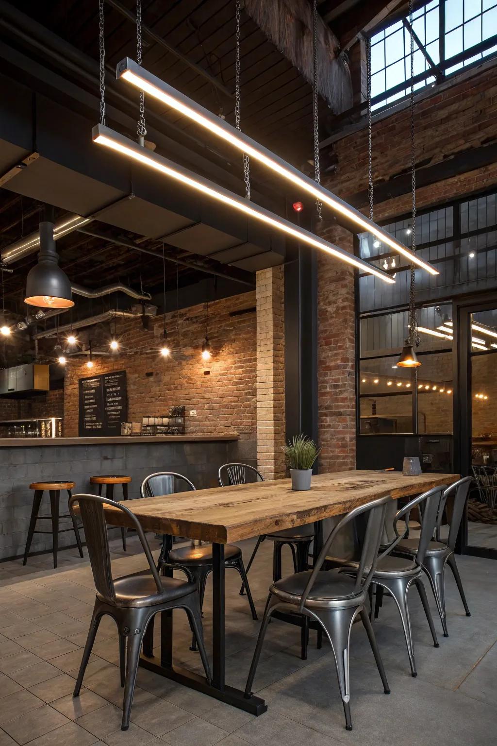 Industrial chic dining nook featuring linear LED lighting