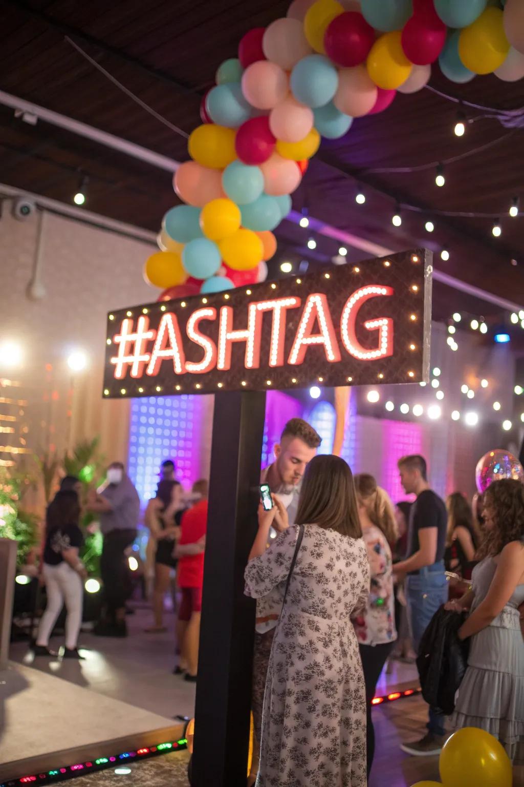Custom hashtag signage encourages guests to share the fun online.