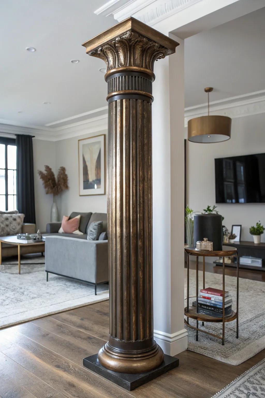 Metallic accents add glam to columns.