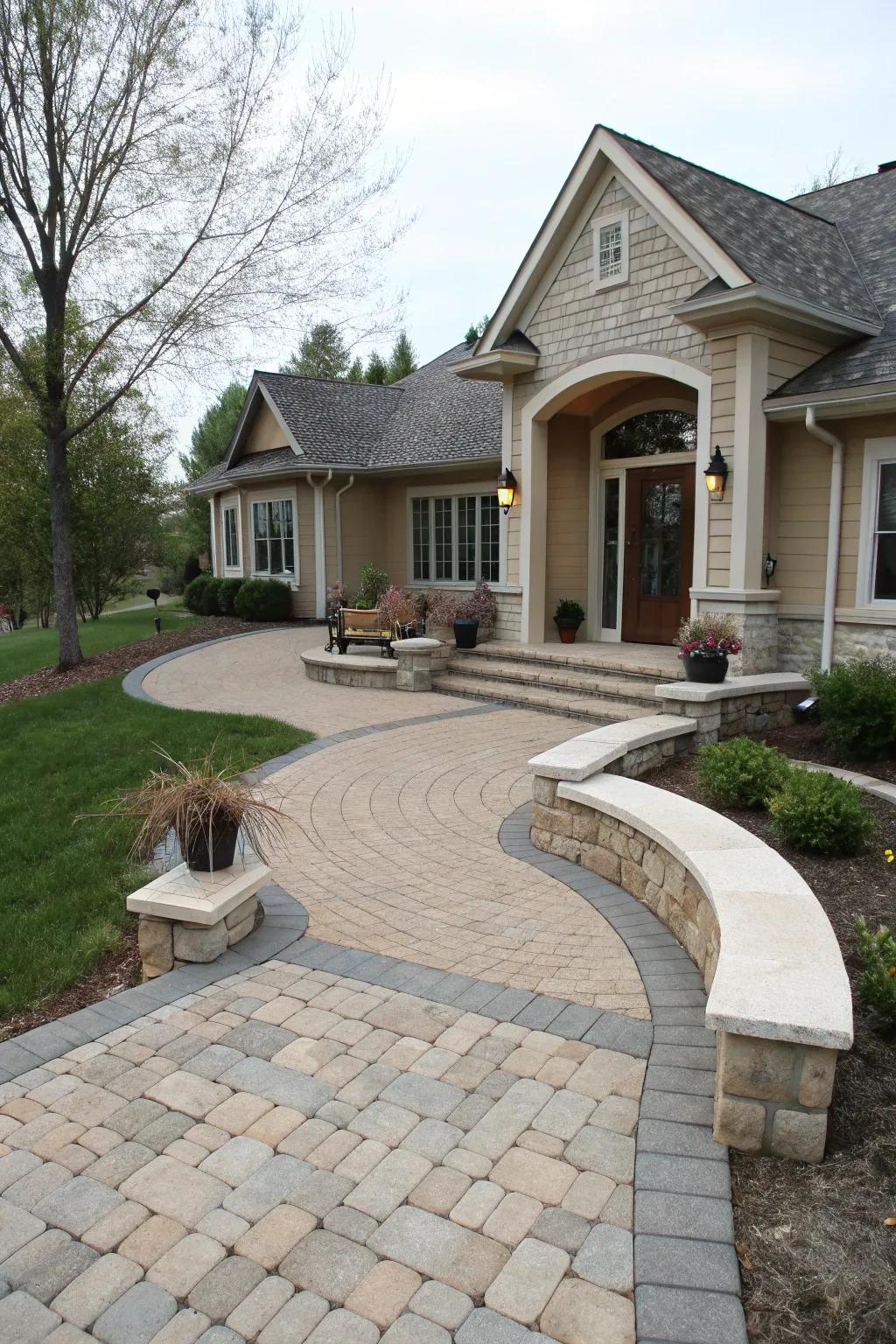 Seating areas add function and charm to this fitted stone entrance.