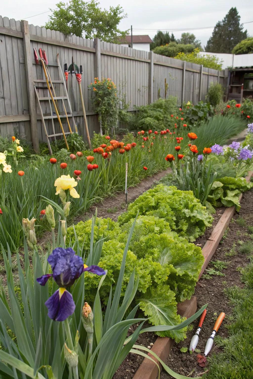 A garden merging irises with vegetables for aesthetics and utility.