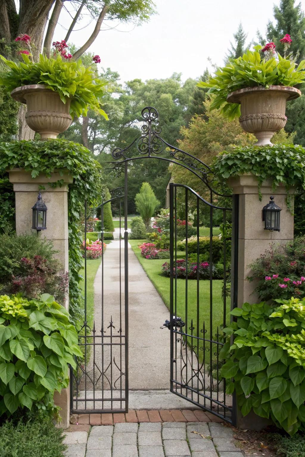 An ecological forged entrance with greenery enhancing its charm.
