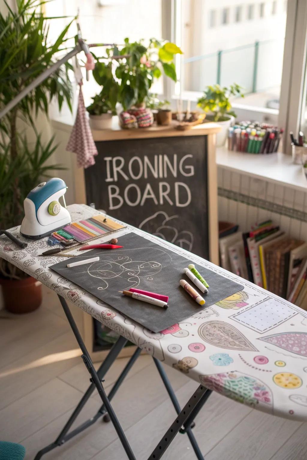 An ironing surface featuring a chalkboard area for creative notes.