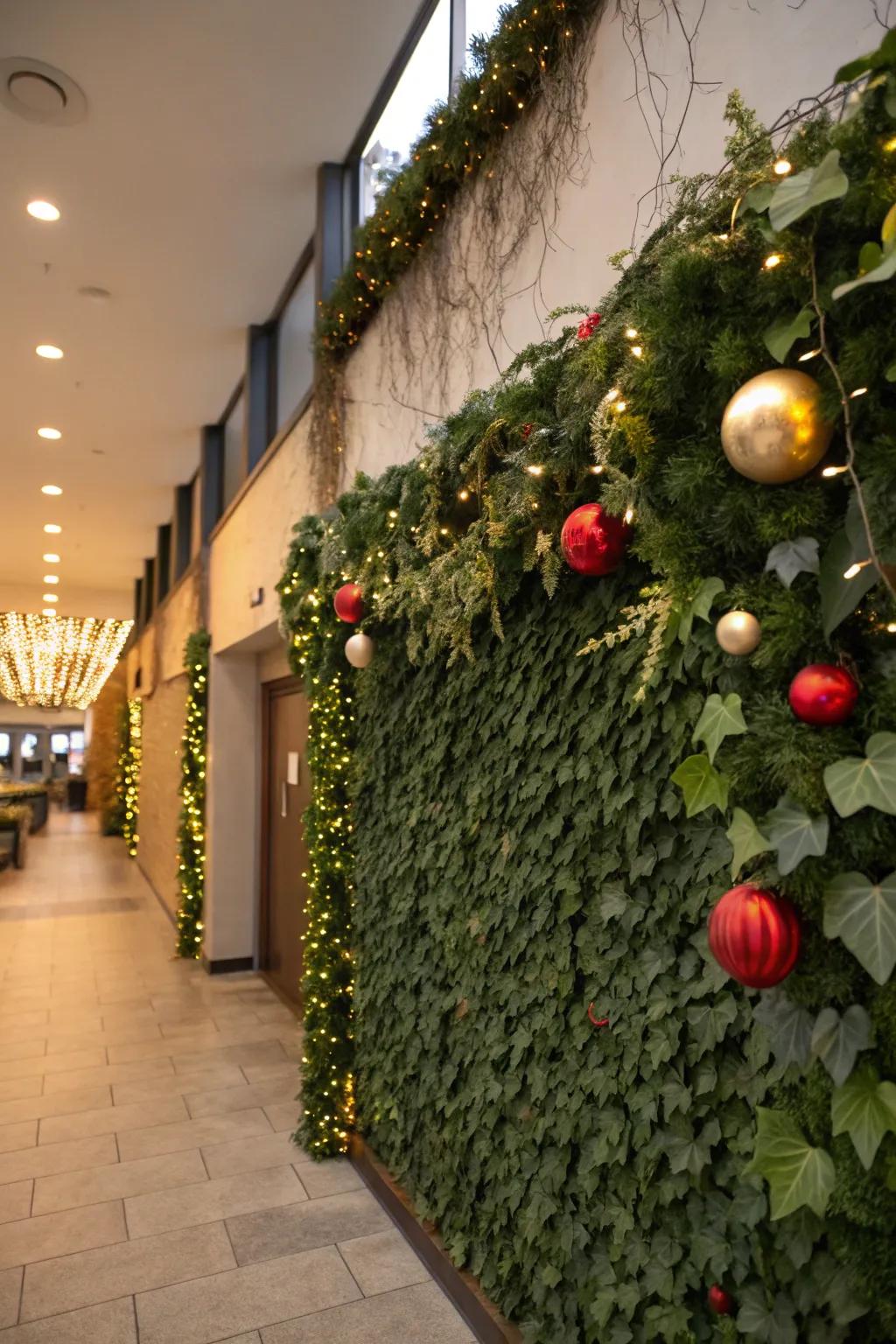 A greenery wall embellished with festive ornaments for a celebratory accent.