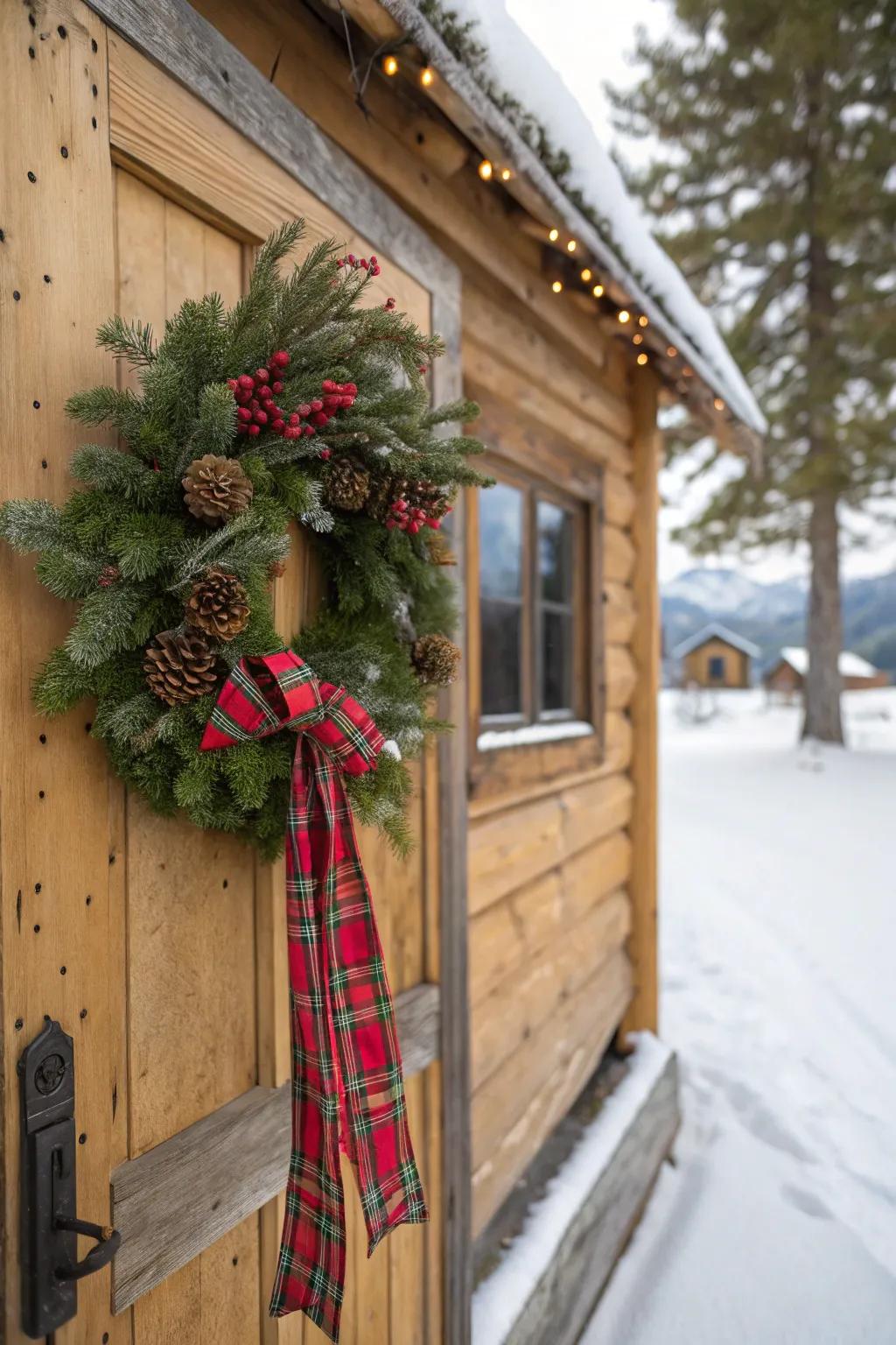 Checkered bands contribute a comforting cabin sensation to your winter garland.
