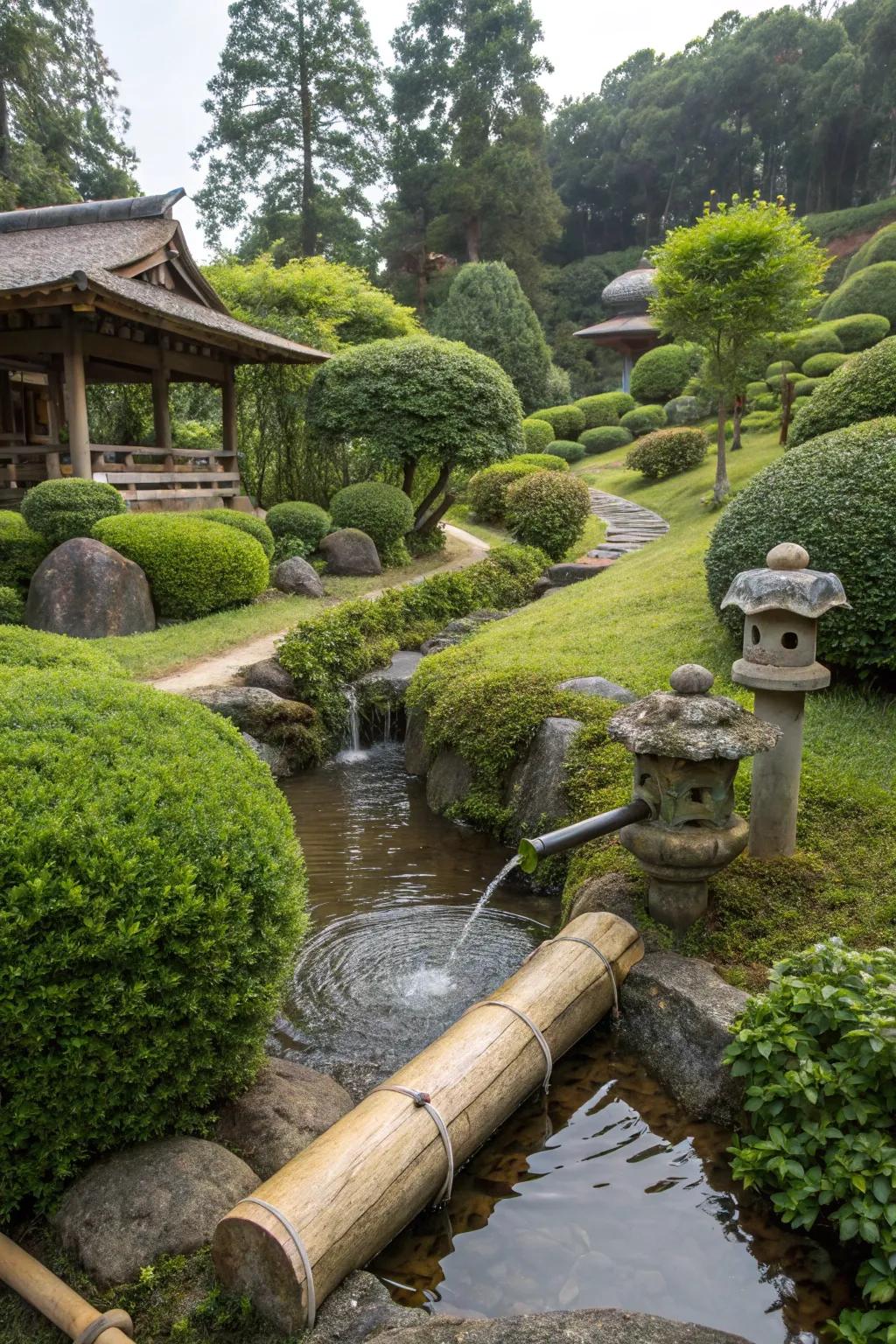 A shishi odoshi adding a rhythmic sound to the garden.