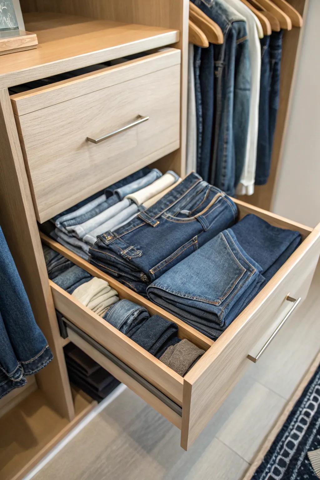 Sliding drawers enable easy access and structured storage for jeans.