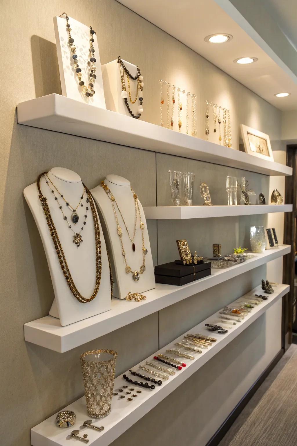 Suspended display ledges for contemporary jewelry display