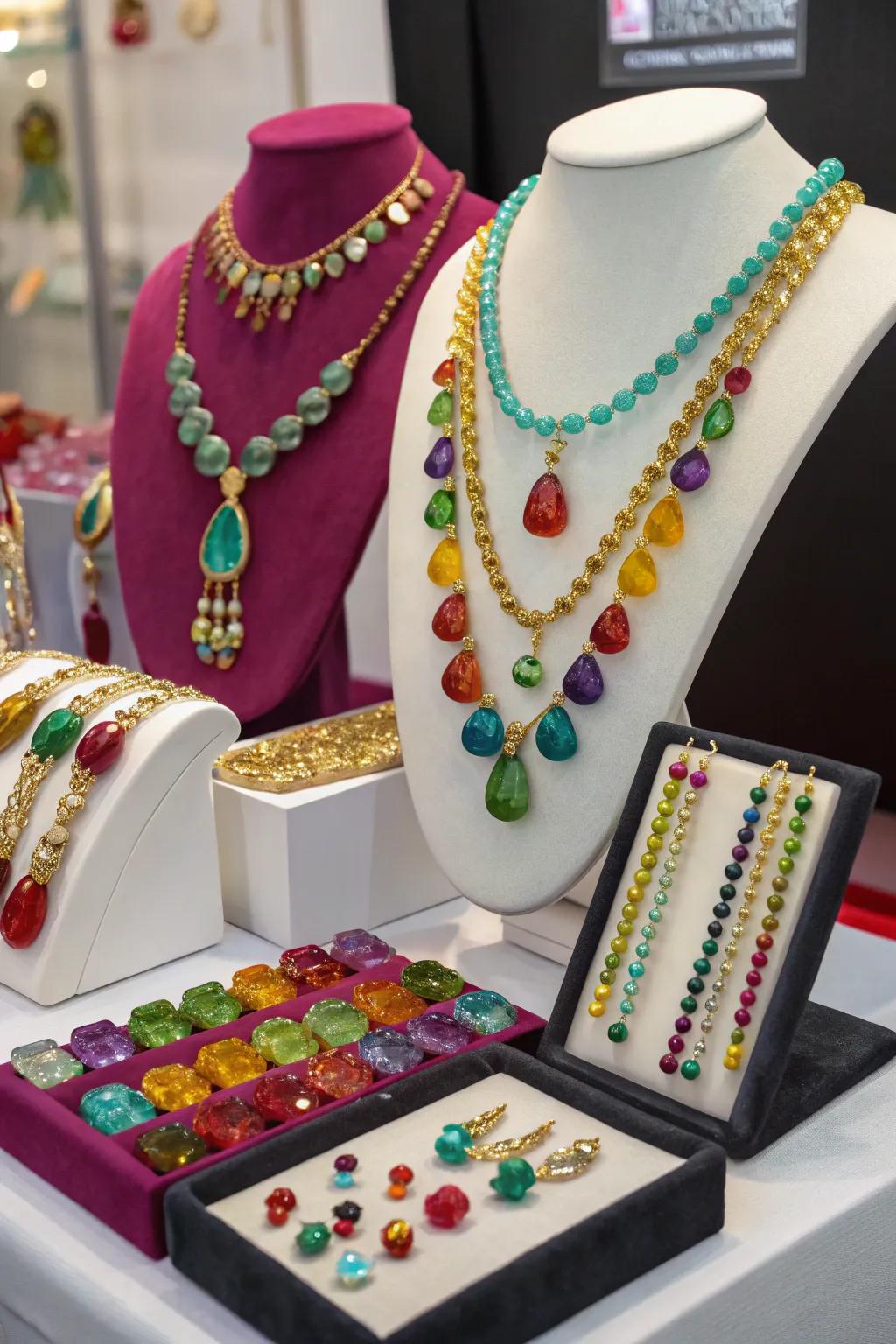 Color contrasts add vibrancy to jewelry displays.