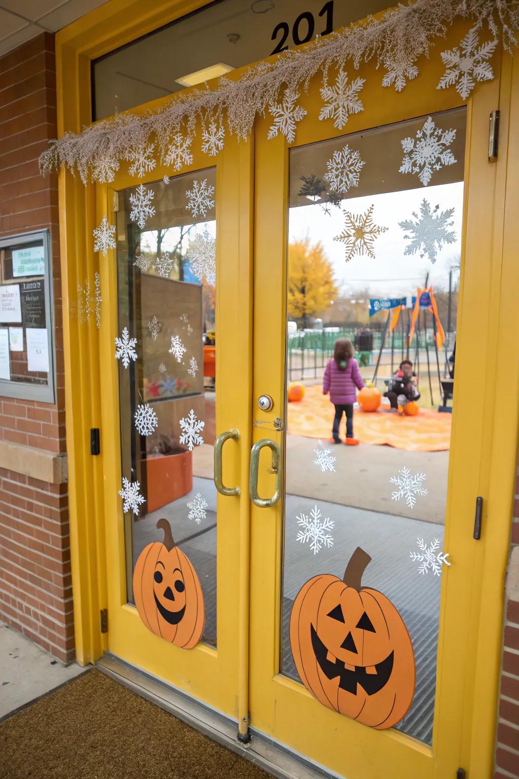 A kindergarten portal featuring seasonal decorations such as cucurbits and nival flakes.