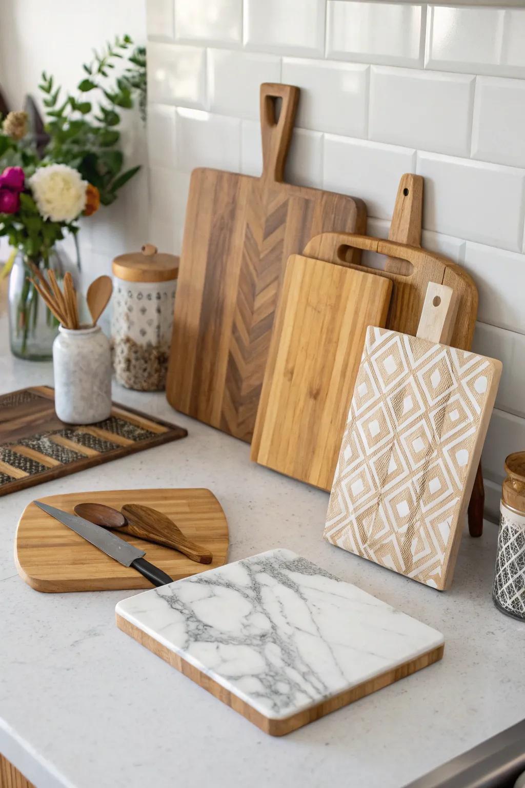An assorted mix of chopping surfaces brings dynamic variety to the kitchen.