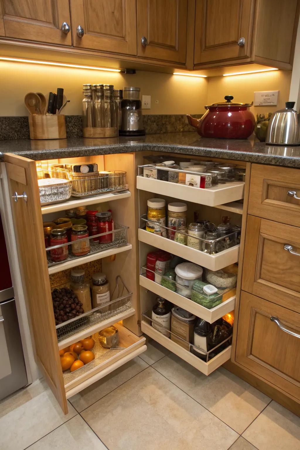 Pivoting shelves make deep corner storage simple to access.