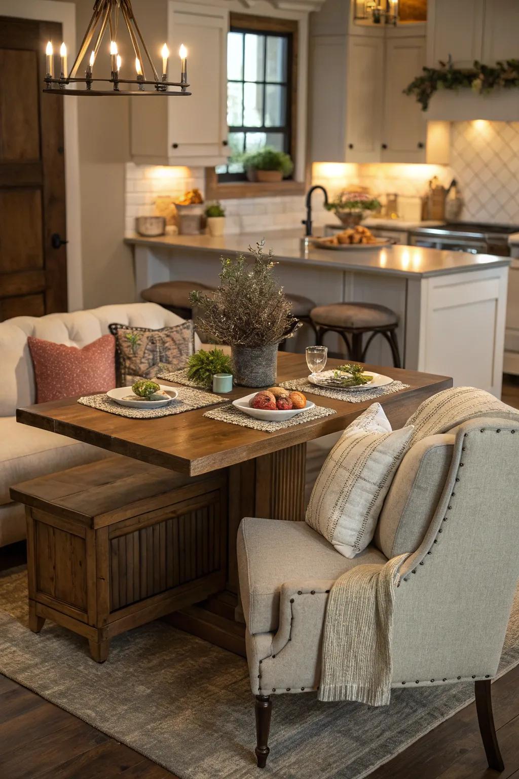 A cozy corner area transforms an island into a gathering spot.