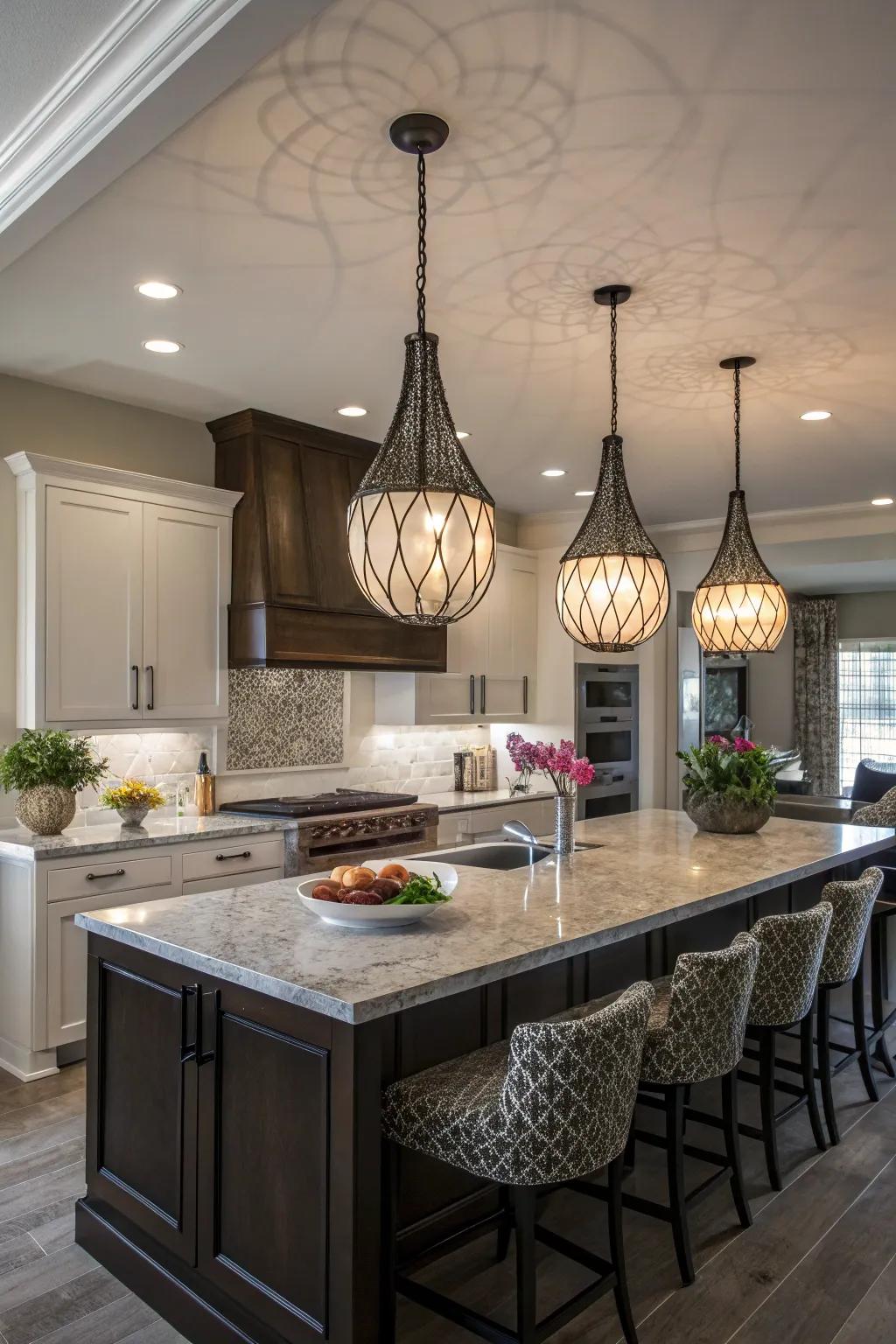Sculptural lights add artistic drama to the kitchen.