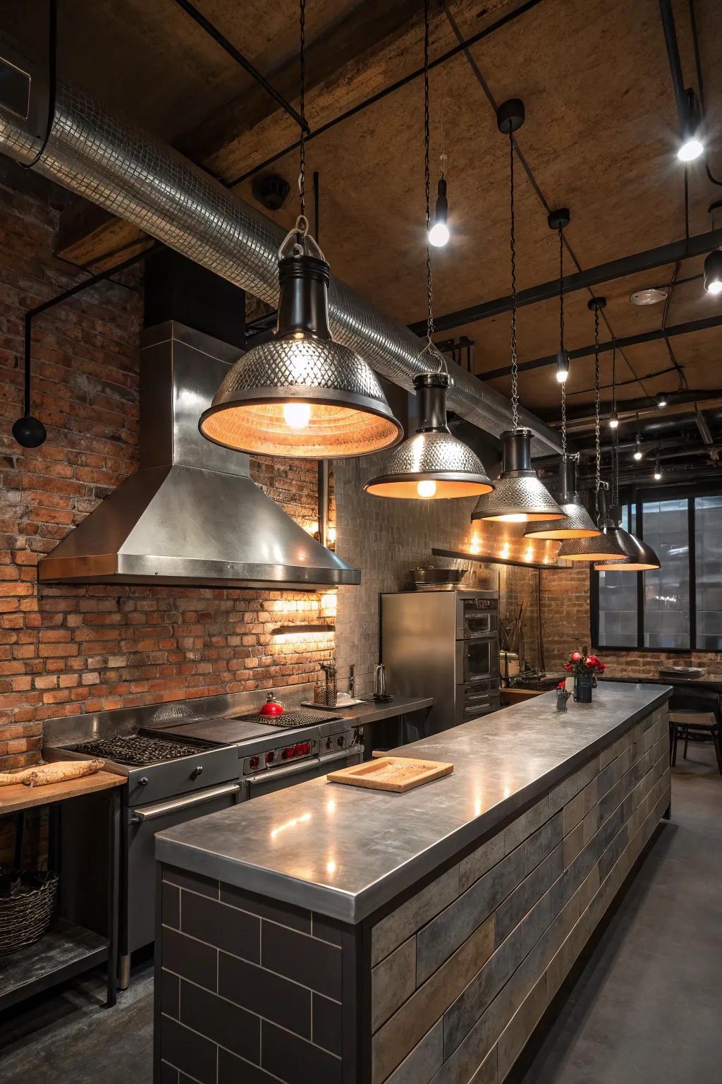 Industrial metal fixtures add a raw and edgy vibe to this minimalist kitchen.