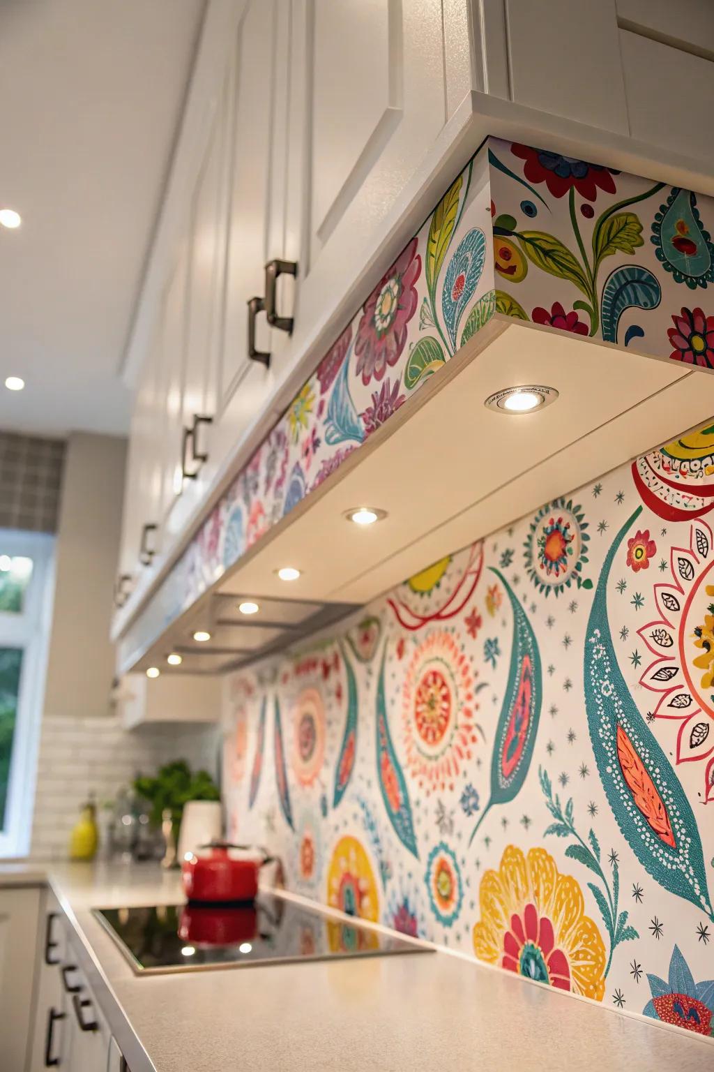 A soffit with patterned wallpaper gives the kitchen a playful and colorful feel.
