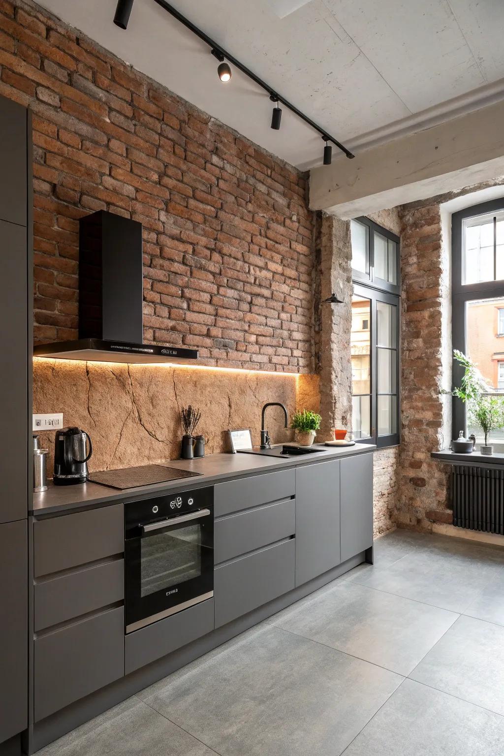 A modern kitchen with a bare brick feature, introducing texture and style.