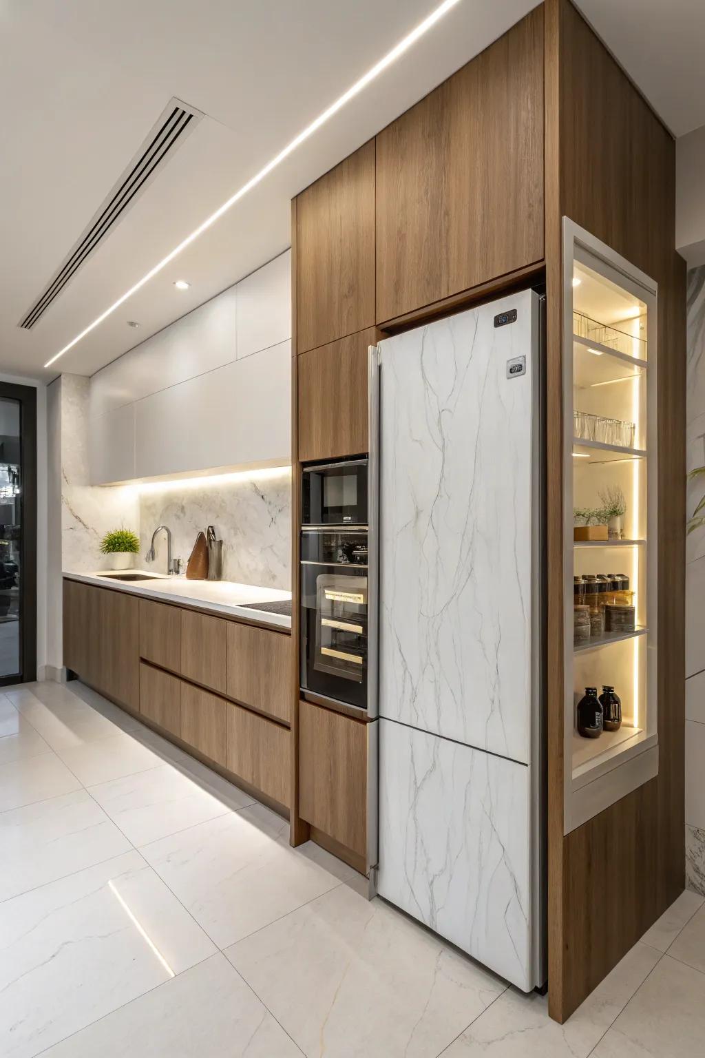 A refrigerator cunningly concealed within the wall, presenting a streamlined and innovative kitchen blueprint.