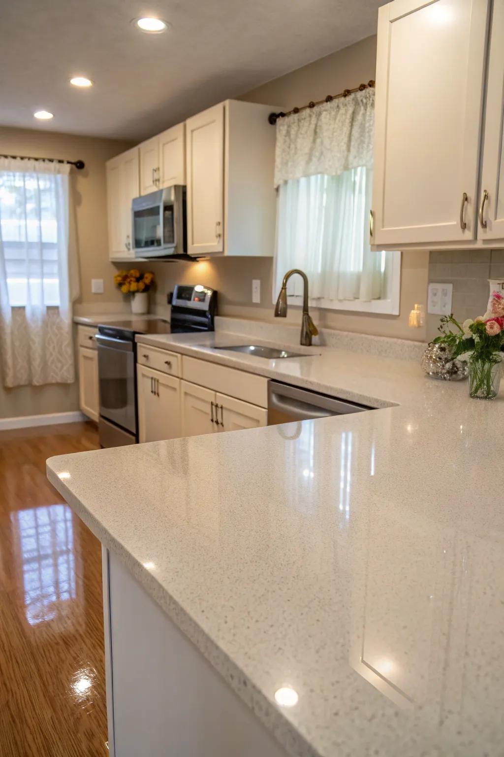 Illuminated quartz augmenting the perception of spaciousness within a petite kitchen setting.