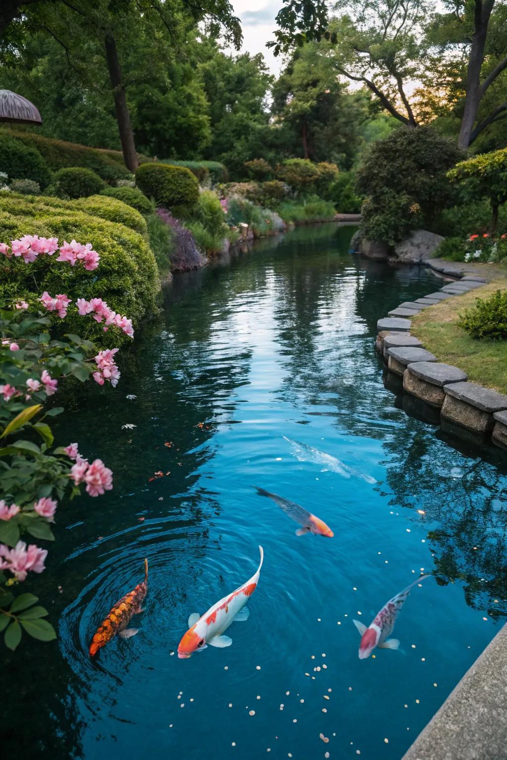 A koi pond with shaded waters yielding a cooling result.